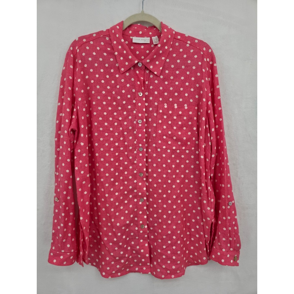 Susan‎ Graver Pure Pink Polka Dot Linen Blend Button Down Shirt Petite Medium